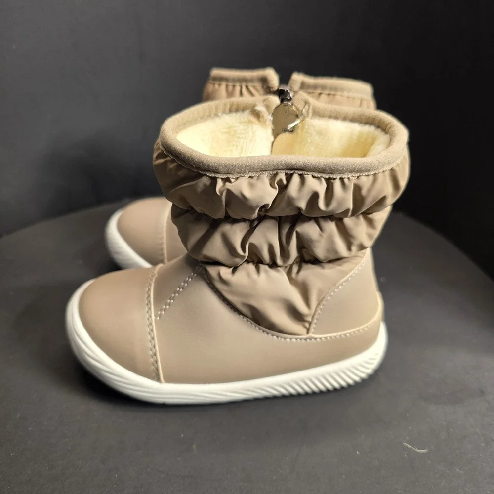 Kids Cozy Puffer Snow Boots Tan Side Zip Warm Lined Toddler Size 18 To 24 Months